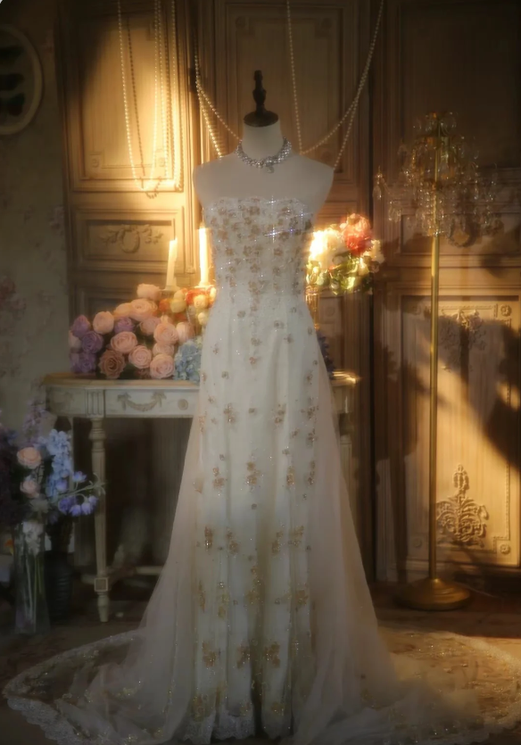 Elegant Ivory Strapless Beaded Floral Tulle Train Long Classy Prom Dress