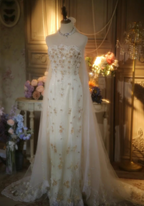 Elegant Ivory Strapless Beaded Floral Tulle Train Long Classy Prom Dress