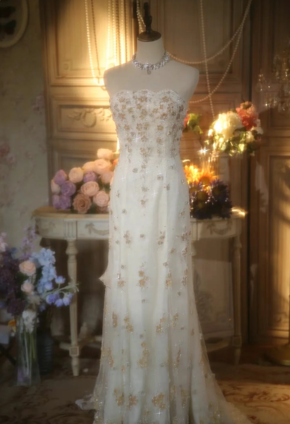 Elegant Ivory Strapless Beaded Floral Tulle Train Long Classy Prom Dress