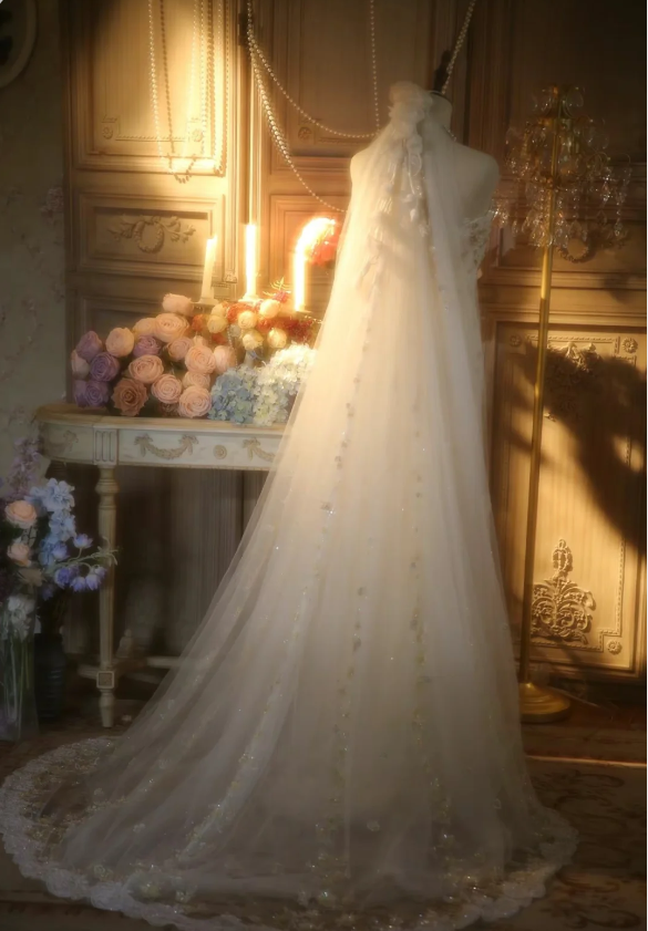 Elegant Ivory Strapless Beaded Floral Tulle Train Long Classy Prom Dress