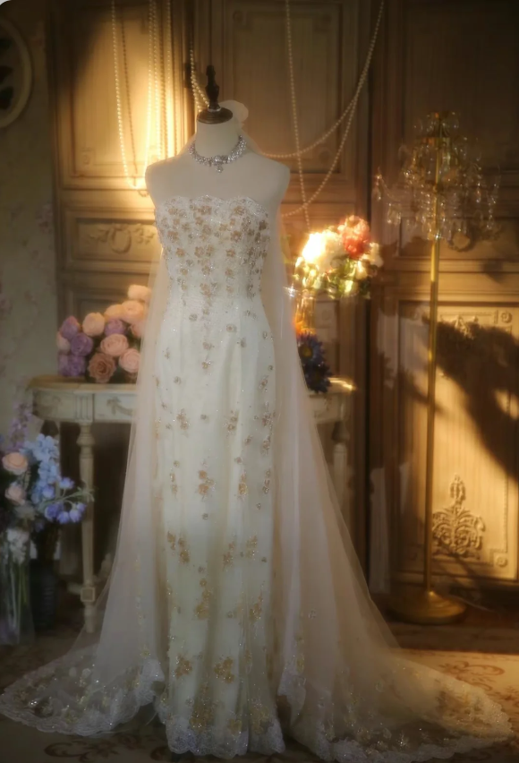 Elegant Ivory Strapless Beaded Floral Tulle Train Long Classy Prom Dress