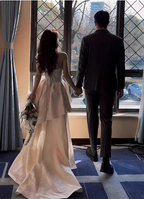 Elegant Ivory Strapless High-Slit Satin Train Classy Prom Dress Wedding Dress