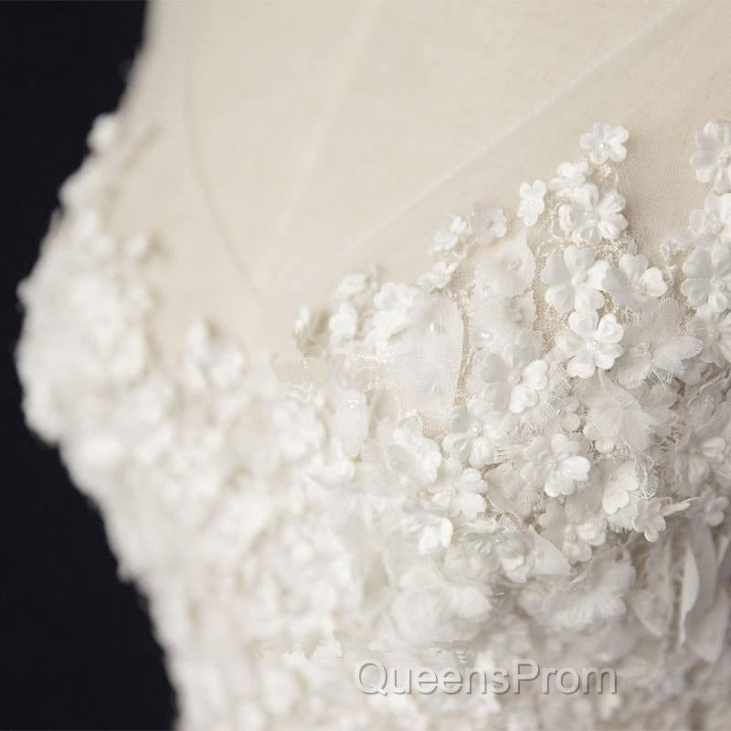Elegant Ivory Tulle V-Neck A Line Floor Length Wedding Dress
