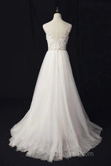 Elegant Ivory Tulle V-Neck A Line Floor Length Wedding Dress
