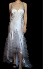 Elegant Ivory V-Neck Beaded Tulle Satin High-Low Classy Prom Dress