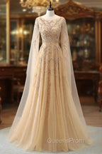 Elegant Jewel Long Sleevess Ruffle Evening Prom Dress with Beadings On Sale
