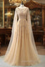 Elegant Jewel Long Sleevess Ruffle Evening Prom Dress with Beadings On Sale