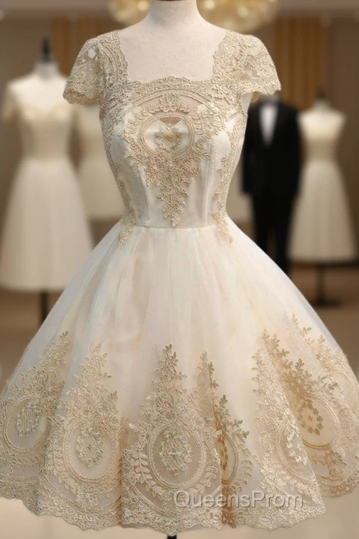 Elegant Lace Cheap Homecoming Dress, Cap Sleeve Tulle A-Line Homecoming Dress