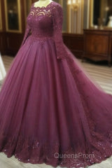 Elegant Lace Long Sleeves Evening Prom Ball Gown Dress