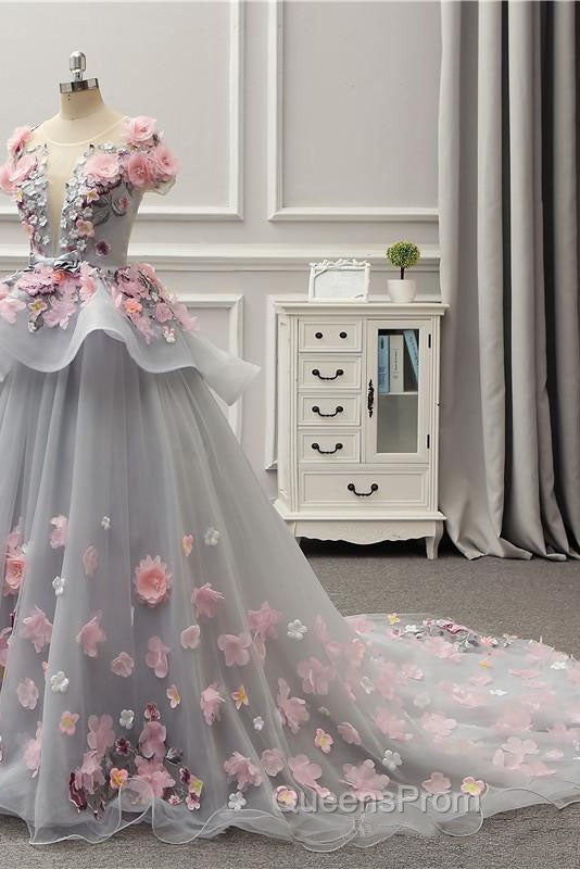 Elegant Lace-up Back Floral Appliques Grey Long Evening Prom Dress Secondary image