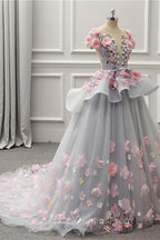 Elegant Lace-up Back Floral Appliques Grey Long Evening Prom Dress