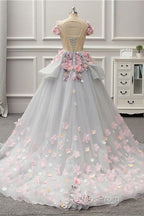 Elegant Lace-up Back Floral Appliques Grey Long Evening Prom Dress
