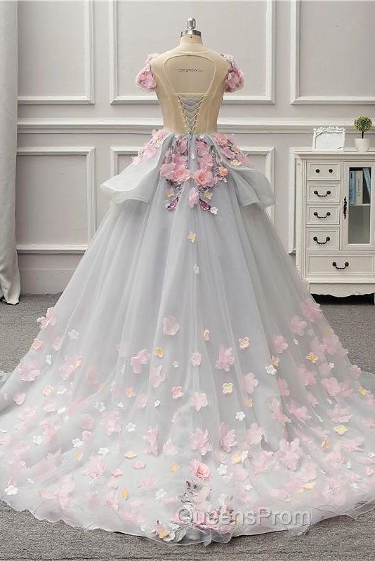 Elegant Lace-up Back Floral Appliques Grey Long Evening Prom Dress