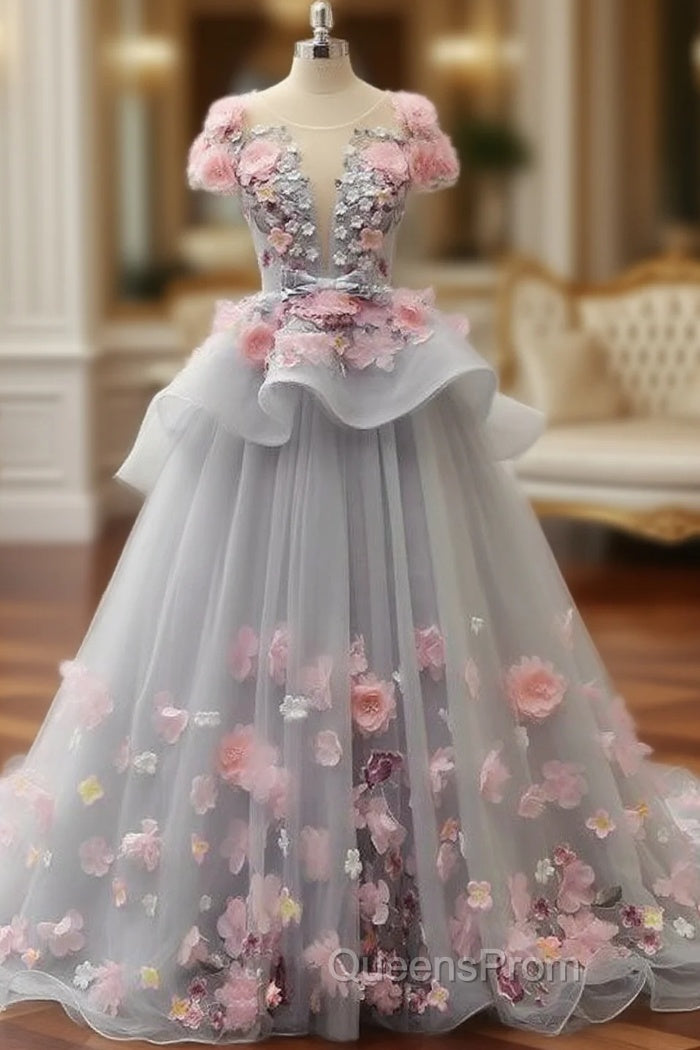 Elegant Lace-up Back Floral Appliques Grey Long Evening Prom Dress