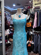 Elegant Lake Blue Mermaid Halter-Neck Lace Long Classy Prom Dress