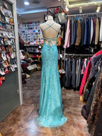 Elegant Lake Blue Mermaid Halter-Neck Lace Long Classy Prom Dress