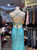 Elegant Lake Blue Mermaid Halter-Neck Lace Long Classy Prom Dress