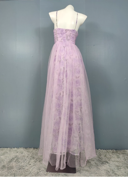 Elegant Lavender A-Line V-Neck Spaghetti Strap Tulle Long Classy Prom Dress