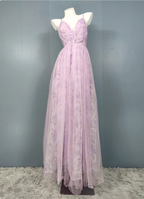 Elegant Lavender A-Line V-Neck Spaghetti Strap Tulle Long Classy Prom Dress