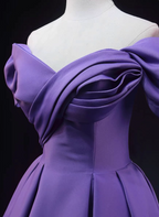 Elegant Lavender Off-The-Shoulder Ruffled Satin Long Classy Prom Dress