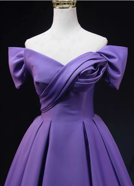 Elegant Lavender Off-The-Shoulder Ruffled Satin Long Classy Prom Dress