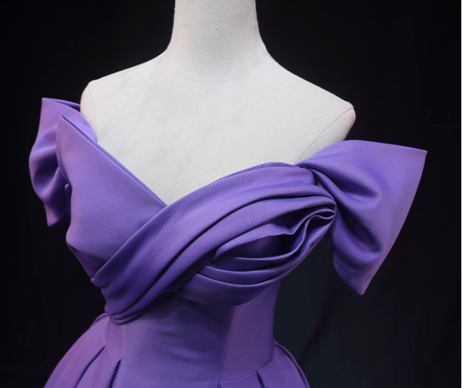 Elegant Lavender Off-The-Shoulder Ruffled Satin Long Classy Prom Dress