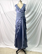 Elegant Layered Gradient Gray-Blue Slim-Fit V-Neck Ruffled Tiered Chiffon Long Classy Prom Dress