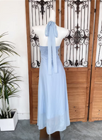 Elegant Light Blue A-Line Halter V-Neck 3D Floral Chiffon Long Classy Prom Dress
