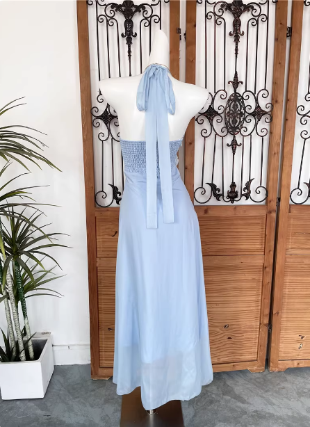 Elegant Light Blue A-Line Halter V-Neck 3D Floral Chiffon Long Classy Prom Dress