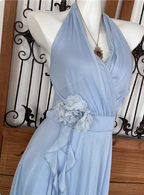 Elegant Light Blue A-Line Halter V-Neck 3D Floral Chiffon Long Classy Prom Dress