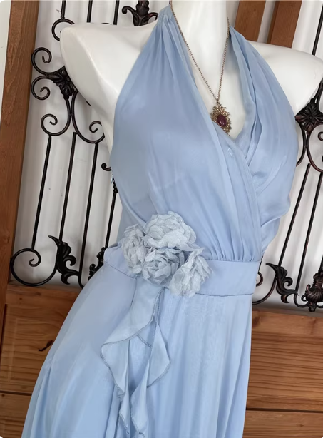 Elegant Light Blue A-Line Halter V-Neck 3D Floral Chiffon Long Classy Prom Dress