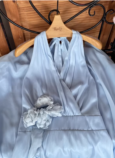 Elegant Light Blue A-Line Halter V-Neck 3D Floral Chiffon Long Classy Prom Dress
