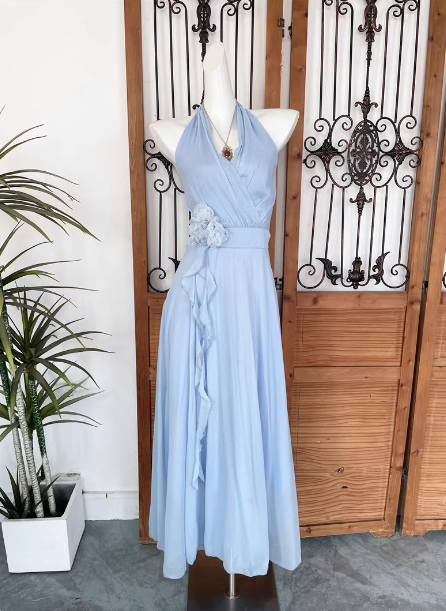 Elegant Light Blue A-Line Halter V-Neck 3D Floral Chiffon Long Classy Prom Dress Main image