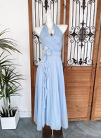 Elegant Light Blue A-Line Halter V-Neck 3D Floral Chiffon Long Classy Prom Dress