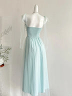 Elegant Light Blue A-Line Square Neck Tulle Long Classy Prom Dress Bridesmaid Dress