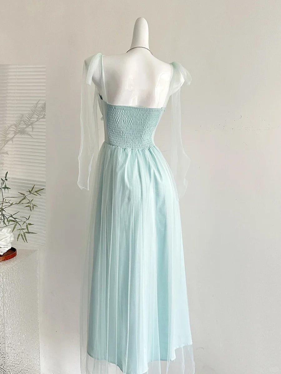 Elegant Light Blue A-Line Square Neck Tulle Long Classy Prom Dress Bridesmaid Dress