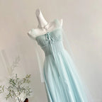 Elegant Light Blue A-Line Square Neck Tulle Long Classy Prom Dress Bridesmaid Dress