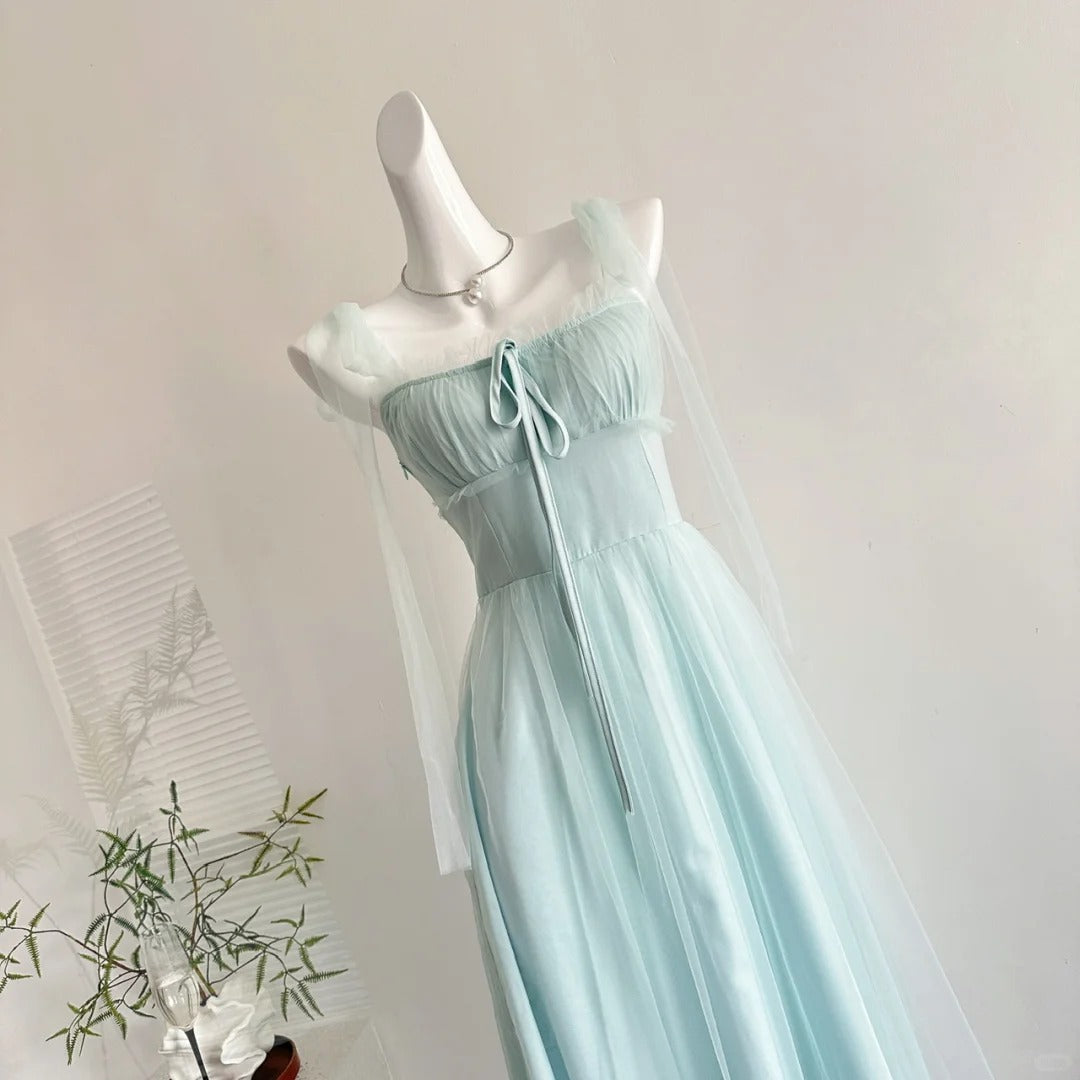 Elegant Light Blue A-Line Square Neck Tulle Long Classy Prom Dress Bridesmaid Dress