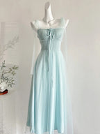 Elegant Light Blue A-Line Square Neck Tulle Long Classy Prom Dress Bridesmaid Dress