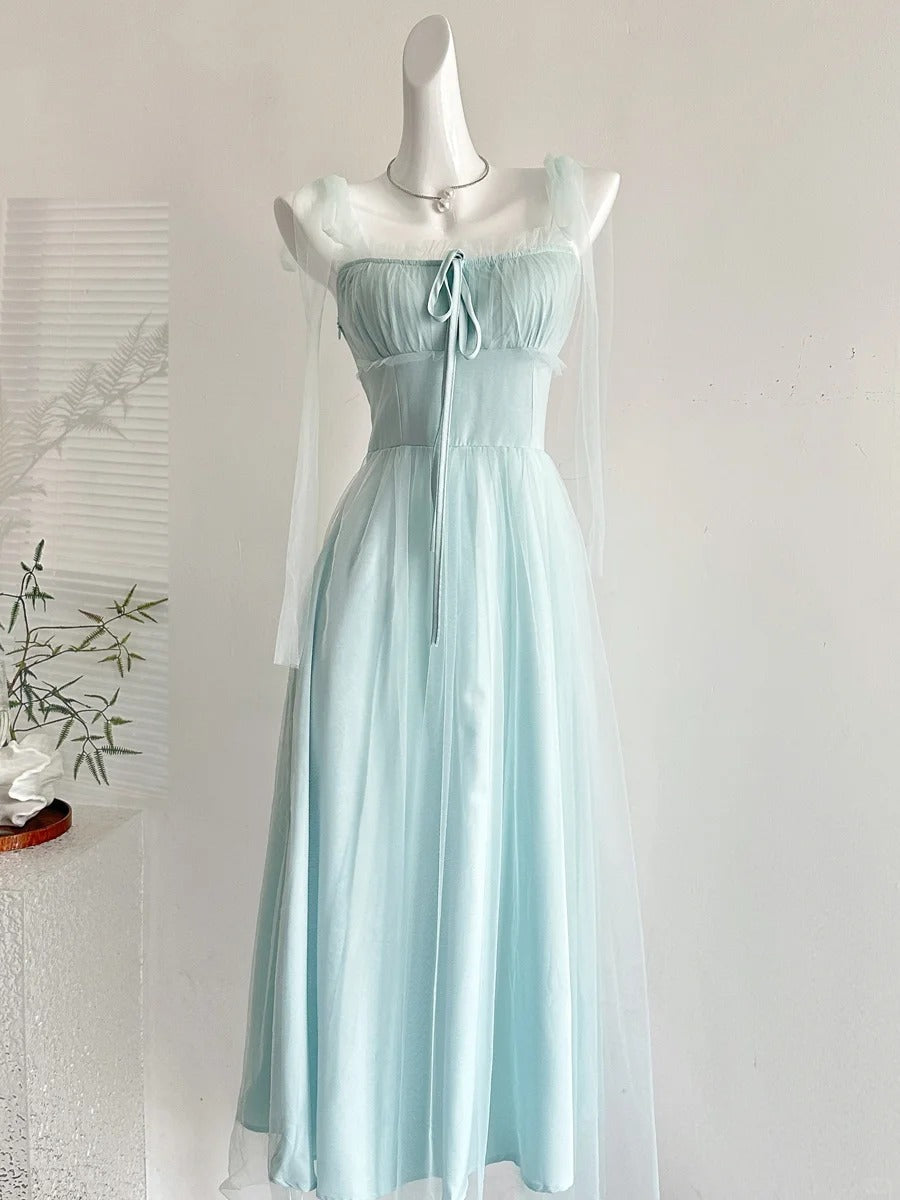 Elegant Light Blue A-Line Square Neck Tulle Long Classy Prom Dress Bridesmaid Dress
