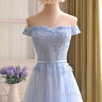Elegant Light Blue Lace Applique Top Long Party Dress, Off Shoulder Bridesmaid Dress