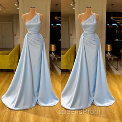 Elegant Light Blue One-shoulder Overskirt Soft-pleated Evening Prom Dress
