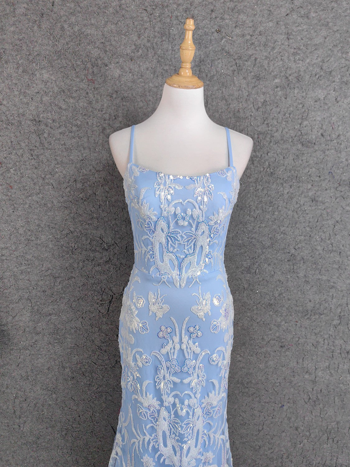 Elegant Light Blue Square Neck Spaghetti Strap Mermaid Sequin Tulle Long Classy Prom Dress Secondary image