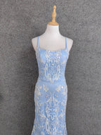 Elegant Light Blue Square Neck Spaghetti Strap Mermaid Sequin Tulle Long Classy Prom Dress