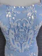 Elegant Light Blue Square Neck Spaghetti Strap Mermaid Sequin Tulle Long Classy Prom Dress