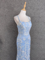 Elegant Light Blue Square Neck Spaghetti Strap Mermaid Sequin Tulle Long Classy Prom Dress