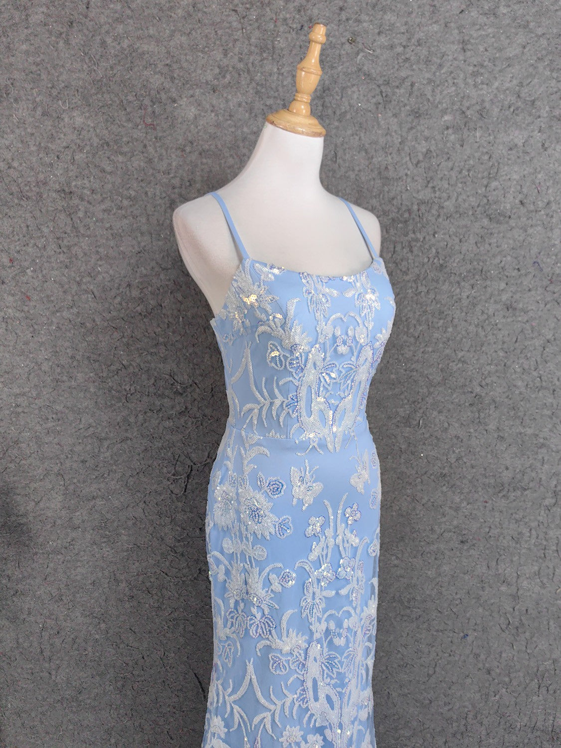 Elegant Light Blue Square Neck Spaghetti Strap Mermaid Sequin Tulle Long Classy Prom Dress