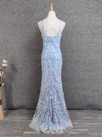 Elegant Light Blue Square Neck Spaghetti Strap Mermaid Sequin Tulle Long Classy Prom Dress