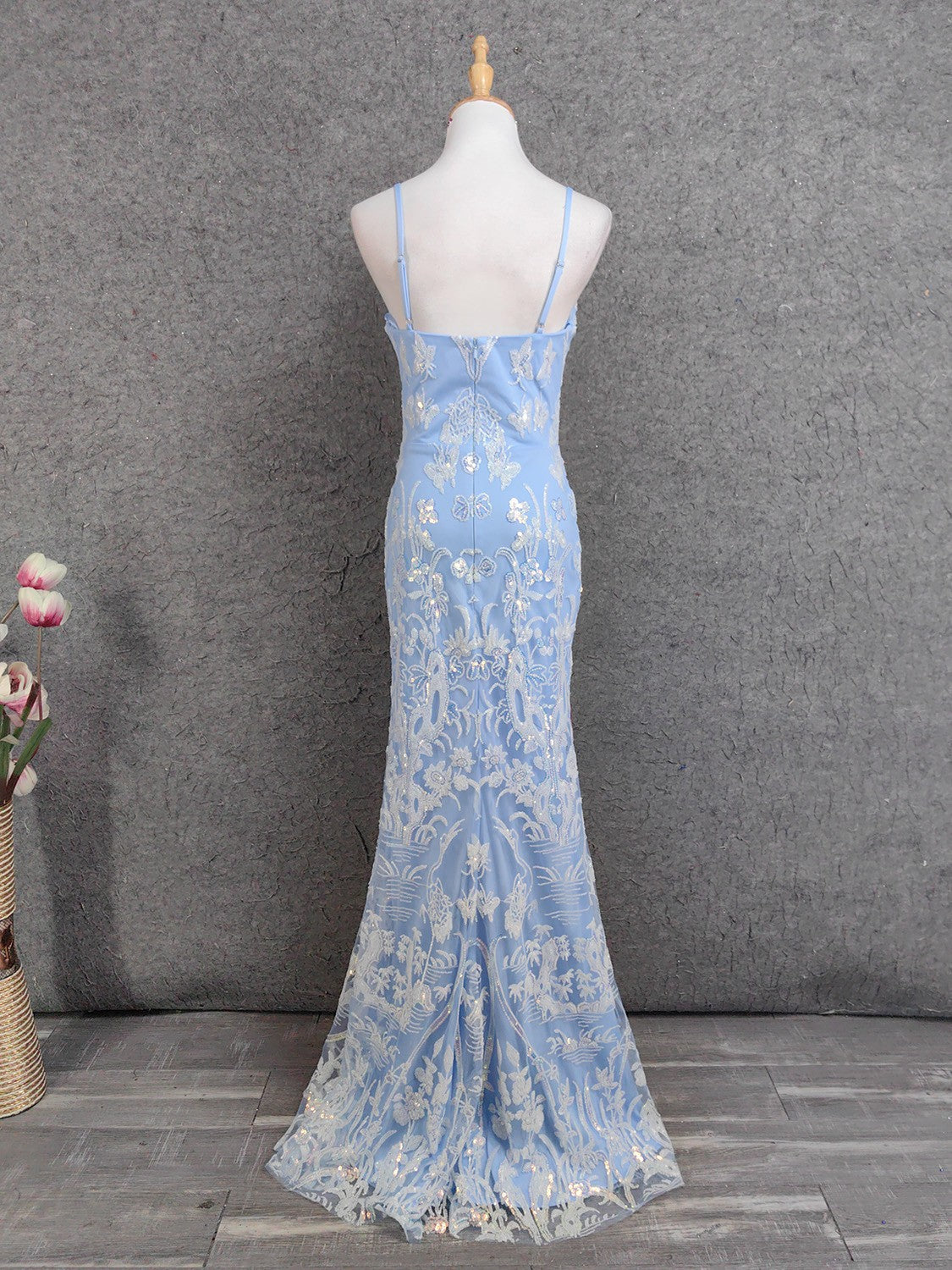 Elegant Light Blue Square Neck Spaghetti Strap Mermaid Sequin Tulle Long Classy Prom Dress