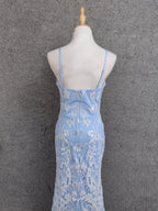 Elegant Light Blue Square Neck Spaghetti Strap Mermaid Sequin Tulle Long Classy Prom Dress